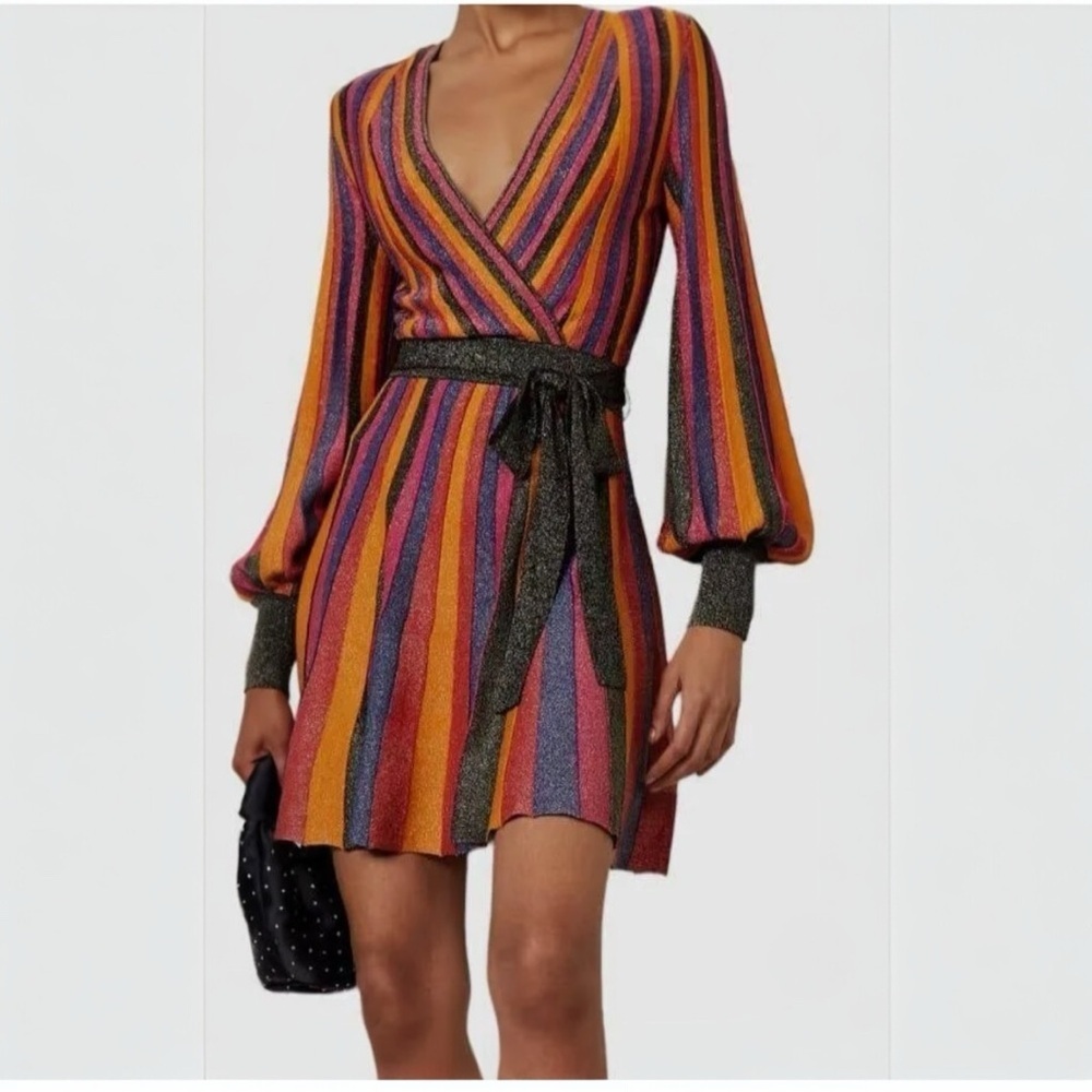 Rebecca Vallance Marsha Metallic Knit Wrap Long Sleeve Cocktail Mini Dress NEW - Picture 7 of 14